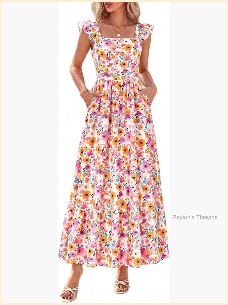 Square Neck Ruffle Sleeve Floral Boho Midi Dress Smocked Backless Tiered